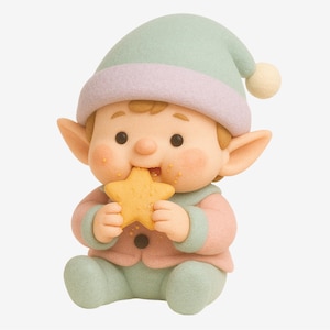 Puede incluir: Una figura de elfo sentado con un gorro verde menta con borde lavanda y un atuendo a juego. El elfo sostiene y come una galleta amarilla en forma de estrella. Las mejillas del elfo son rosadas y tiene orejas grandes y puntiagudas.