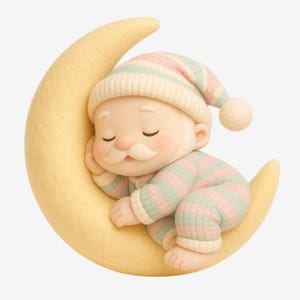 Puede incluir: Una ilustración caprichosa de una figura durmiente que se asemeja a Papá Noel, acurrucada en una luna creciente. La figura lleva un pijama a rayas y un gorro a juego con un pompón. La luna es de un amarillo suave, creando una escena pacífica.