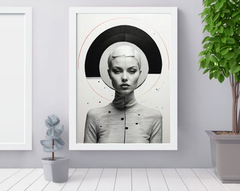 Może przedstawiać: Czarno-biała ilustracja kobiety z geometrycznym wzorem za nią. Kobieta ma na sobie czarno-białą, paskowaną koszulę i geometryczny wzór na głowie.