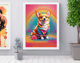 Lámina artística de un adorable perro Corgi: decoración infantil original (descarga digital)
