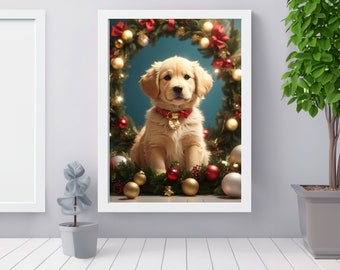 Christmas Golden Retriever Puppy Print – Holiday Wall Art (Digital Download)