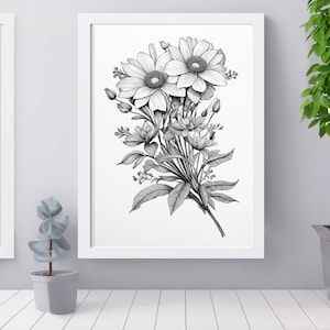 Wildblumen Druck für eine Zeitlos Atemberaubende Wand-Dekor, Elegante Schwarz-Weiß-Zeichnung, Digitaler Download, Instant Download