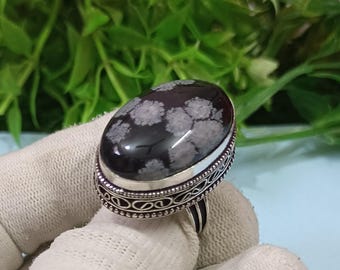 Natural Snowflake Obsidian Gemstone Rings, 925 Sterling Silver Handmade Ring, 9 US Size Silver Ring, Vintage Gemstone Ring, Women&#39;s Gift