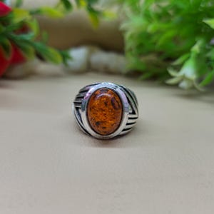 May include: A silver ring featuring an oval amber gemstone. The stone has a speckled pattern. The ring has a decorative design on the sides. The ring is set against a neutral background with greenery in the background.
