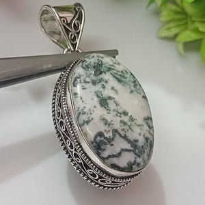 Natural Tree Agate Pendant: Large Sterling Silver Gemstone Necklace