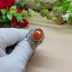 Handmade Red Onyx Aqeeq Ring: Turkish Men's Jewelry, Large Gemstone Ottoman Ring