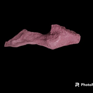 May include: A close-up of a pink, irregularly shaped rock with a rough texture.