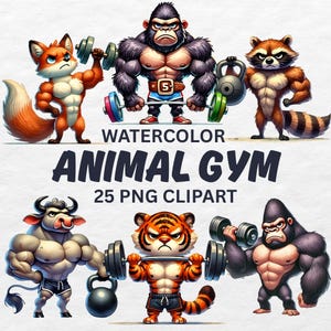 Watercolor Animal Gym Clipart PNG, Strong Animals with Muscles & Weights, Fitness Animal, Digital Download, Motivational Printables