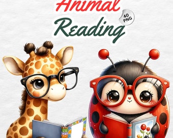 Puede incluir: Una jirafa y una mariquita con gafas están leyendo libros. La jirafa es marrón y amarilla con la nariz roja. La mariquita es roja con manchas negras y tiene alas negras. El texto "Animal Reading" está escrito en letras verdes y rojas sobre los animales.