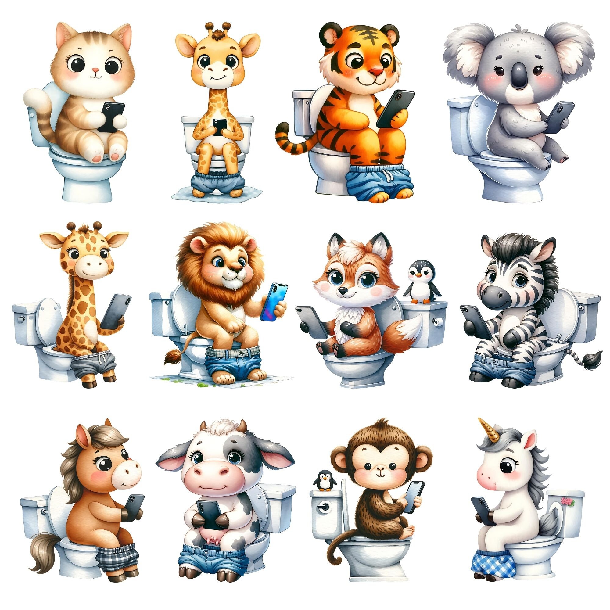 Toiling Animals Watercolor Animal Toilet Clipart, Bathroom PNG Images (digital Download ...