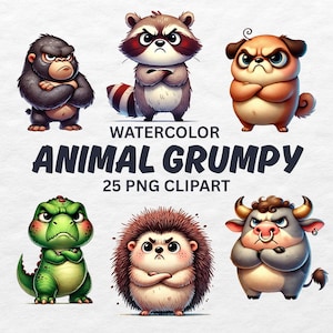 Grumpy Animals Watercolor Clipart Bundle: 25 PNG Files (Digital Download