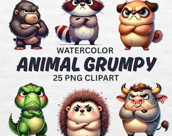 Grumpy Animals Watercolor Clipart Bundle: 25 PNG Files (Digital Download