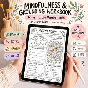 Mindfulness-grundande arbetsblad, 5-4-3-2-1-teknik, självvårdsincheckning, lugna aktiviteter, utskrivbar PDF