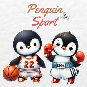 Aquarel pinguïn sport clipart, decor kinderkamer, pinguïn shirt, schattige pinguïn PNG bundel, dierlijke kunst aan de muur, dierlijke sport, AI genereren
