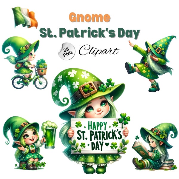 St. Patrick's Day Girl Gnome 38 Clipart, Watercolor Gnome PNG, Shamrock Clipart, Clover clipart, Cute Gnome Sublimation, Festive Ireland PNG