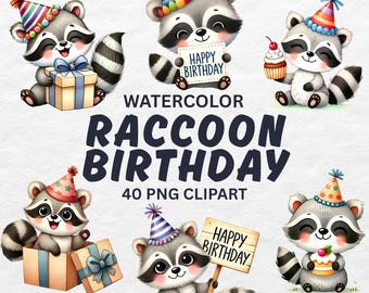 Raccoon Birthday Clipart Bundle: 40 Watercolor PNG Images (Digital Download