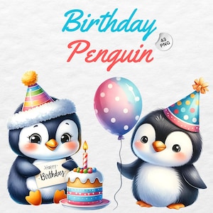 Clipart de aniversário de pinguim em aquarela, pacote de PNG fofo para festa de pinguim, convite de feliz aniversário para pinguim, cartão de aniversário para imprimir