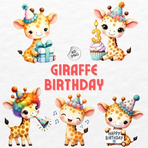 Niedliche Giraffe Geburtstag Aquarell Clipart, Geburtstag Tiere PNG, Sublimationsdesign, Babyparty, alles Gute zum Geburtstag Giraffe Einladung