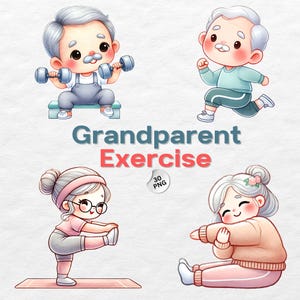 Paquete de imágenes prediseñadas de acuarela para abuelos, imágenes prediseñadas familiares (en formato PNG), abuelos (en formato PNG), abuelos aeróbicos, deportes para personas mayores (en formato PNG), imágenes PNG imprimibles