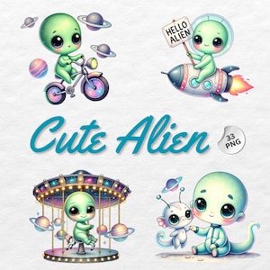 Watercolor Cute Aliens Clipart PNG, Sci-Fi Nursery Decor, Cute Alien Print, Alien Shirt, Alien Cricut, Kids Space Theme, Sublimation Design