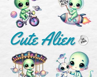 Watercolor Cute Aliens Clipart PNG, Sci-Fi Nursery Decor, Cute Alien Print, Alien Shirt, Alien Cricut, Kids Space Theme, Sublimation Design