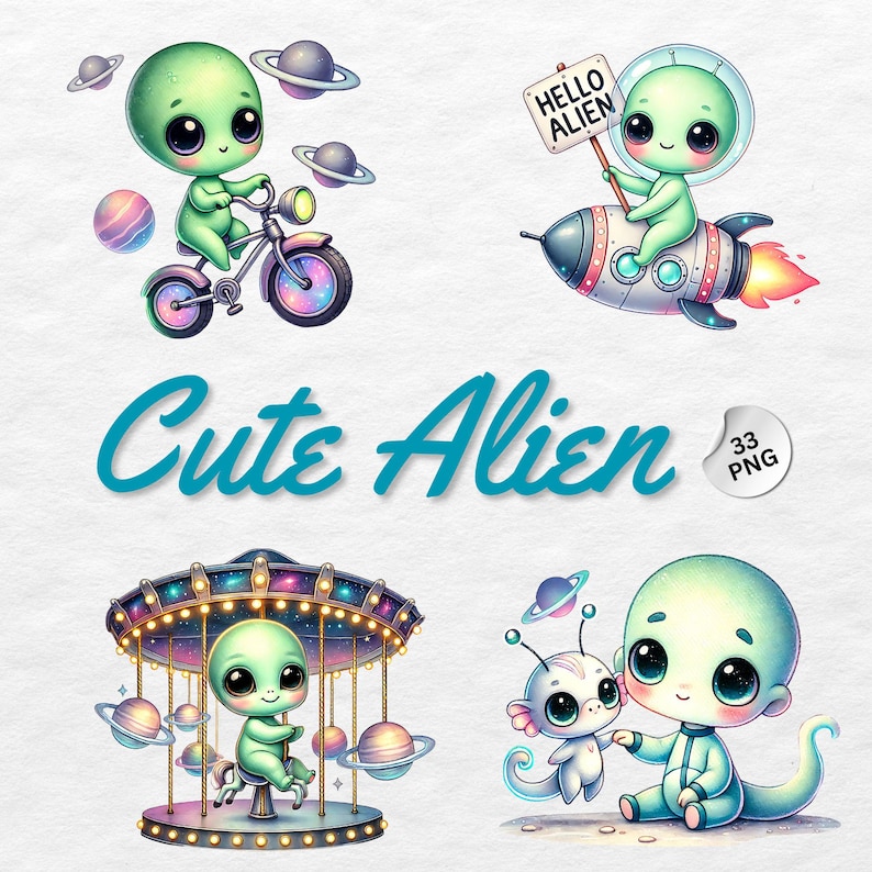 Puede incluir: Un conjunto de 33 ilustraciones digitales que presentan adorables extraterrestres verdes en varias poses y escenarios. Los extraterrestres llevan trajes espaciales, montan en bicicleta y montan en un carrusel. Las ilustraciones son perfectas para agregar un toque divertido y caprichoso a cualquier proyecto.