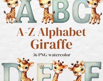 Aquarel giraffe alfabet clipart: A-Z png-letters, decor kinderkamer (digitale download)