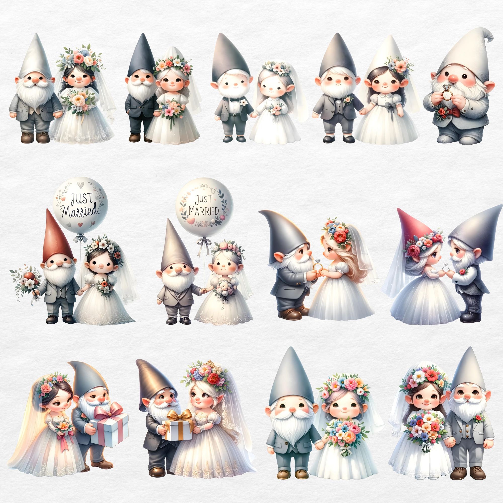 Gnome Wedding Clipart, Gnome Couple Watercolor, Gnome in Love, Just