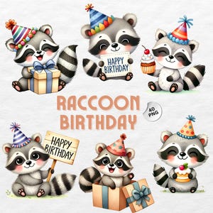 Pacote de clipart de aniversário de guaxinim, 40 PNG aquarela festa de guaxinim fofo, download digital, perfeito para cartão de aniversário, design de sublimação
