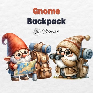 Paquete de imágenes prediseñadas de mochila de gnomo en acuarela, gnomo de camping PNG, decoración de guardería, viajes de gnomos, amantes de los gnomos, imágenes prediseñadas de gnomos, sublimación de gnomos