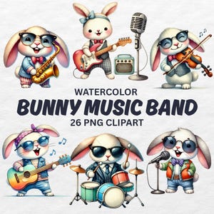 Clipart acquerello di un gruppo musicale di conigli 26 PNG, simpatici conigli che suonano la chitarra, la batteria, il violino e altro, clipart di animali musicali, download digitale