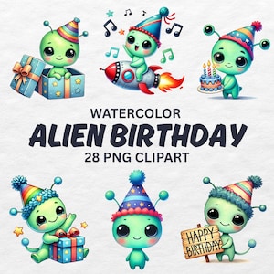 Puede incluir: Ilustración en acuarela con seis simpáticos extraterrestres verdes celebrando un cumpleaños. Los extraterrestres llevan sombreros de fiesta y se muestran con regalos, un cohete, una tarta y un cartel que dice "Happy Birthday". También se incluye el texto "Watercolor Alien Birthday 28 PNG Clipart".