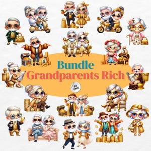 Großeltern Clipart Bundle, reiche Oma Opa PNG, digitaler Aquarell Download, niedliche Zeichentrickfiguren, Scrapbooking Sublimation Design
