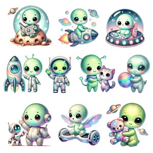 Puede incluir: Un conjunto de 10 ilustraciones digitales que presentan extraterrestres lindos de estilo de dibujos animados en varias poses y entornos. Los extraterrestres son verdes con ojos grandes y se representan en una variedad de actividades, como montar un cohete, volar un hoverboard y sostener un gato.