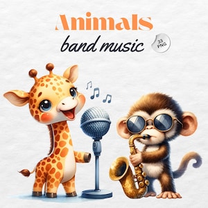 Baby Tiere Musik Band Clipart, musikalische Tiere Clipart, Tiere Konzert Clipart, Kinderzimmer Dekor, Tierband, digitaler Download, Sublimation