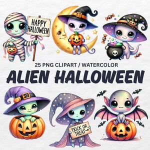May include: Watercolor clipart featuring cute alien characters in Halloween costumes. The aliens are dressed as a mummy, witch, and vampire, holding pumpkins and signs that say "Happy Halloween" and "Trick or Treat". The text "Alien Halloween" is also present.