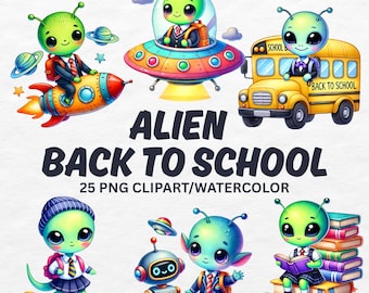 Imágenes prediseñadas de alienígenas para la vuelta al cole: Paquete de imágenes PNG de espacio en acuarela (descarga digital)
