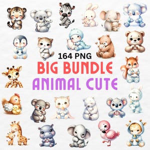 Aquarell Tier Clipart Bundle, 164 niedliche Baby-Tiere PNG, digitaler Download für Handwerk, Scrapbooking, Sublimation, DIY Party Decor Tiere