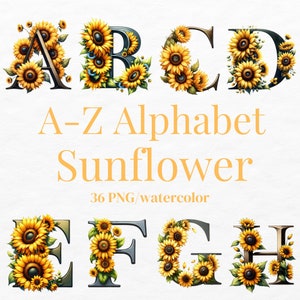 Alfabeto de girasol, Alfabeto floral de acuarela, Fuente de girasol, Alfabeto, Letras y números de girasol, Sublimación del alfabeto