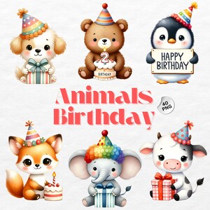 Watercolor Birthday Animals Clipart: Party Invitation Graphics (PNG, Digital Download)