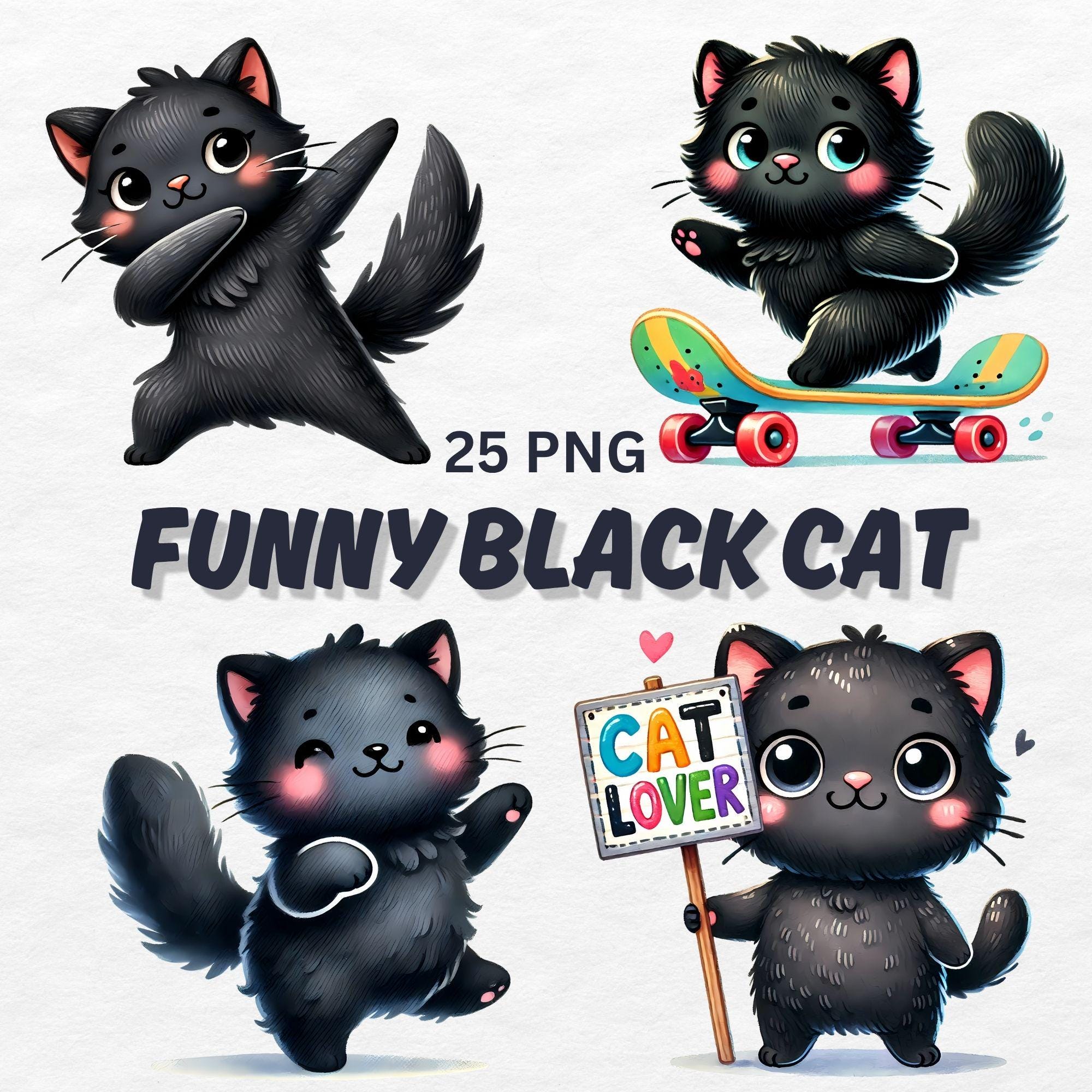 Funny Black Cat Clipart Bundle: 25 Kawaii PNG Images (Digital Download