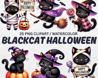 Watercolor Halloween Black Cat Clipart: 25 PNG Witch Cats (Digital Download, Commercial Use