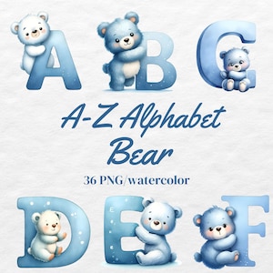 Alfabeto de osito de acuarela (A-Z), clipart, alfabeto png, decoración infantil, alfabeto de animales, letras y números de osito, sublimación del alfabeto