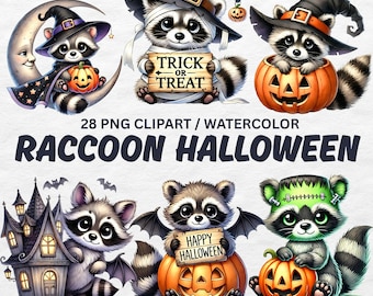 Imágenes prediseñadas de mapaches en acuarela para Halloween: imágenes PNG espeluznantes (descarga digital)
