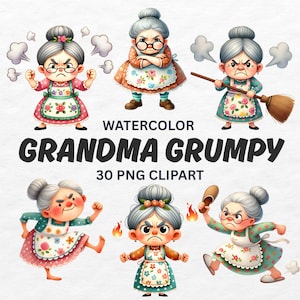 Watercolor Grumpy Grandma Clipart: 30 PNG Designs (Digital Download