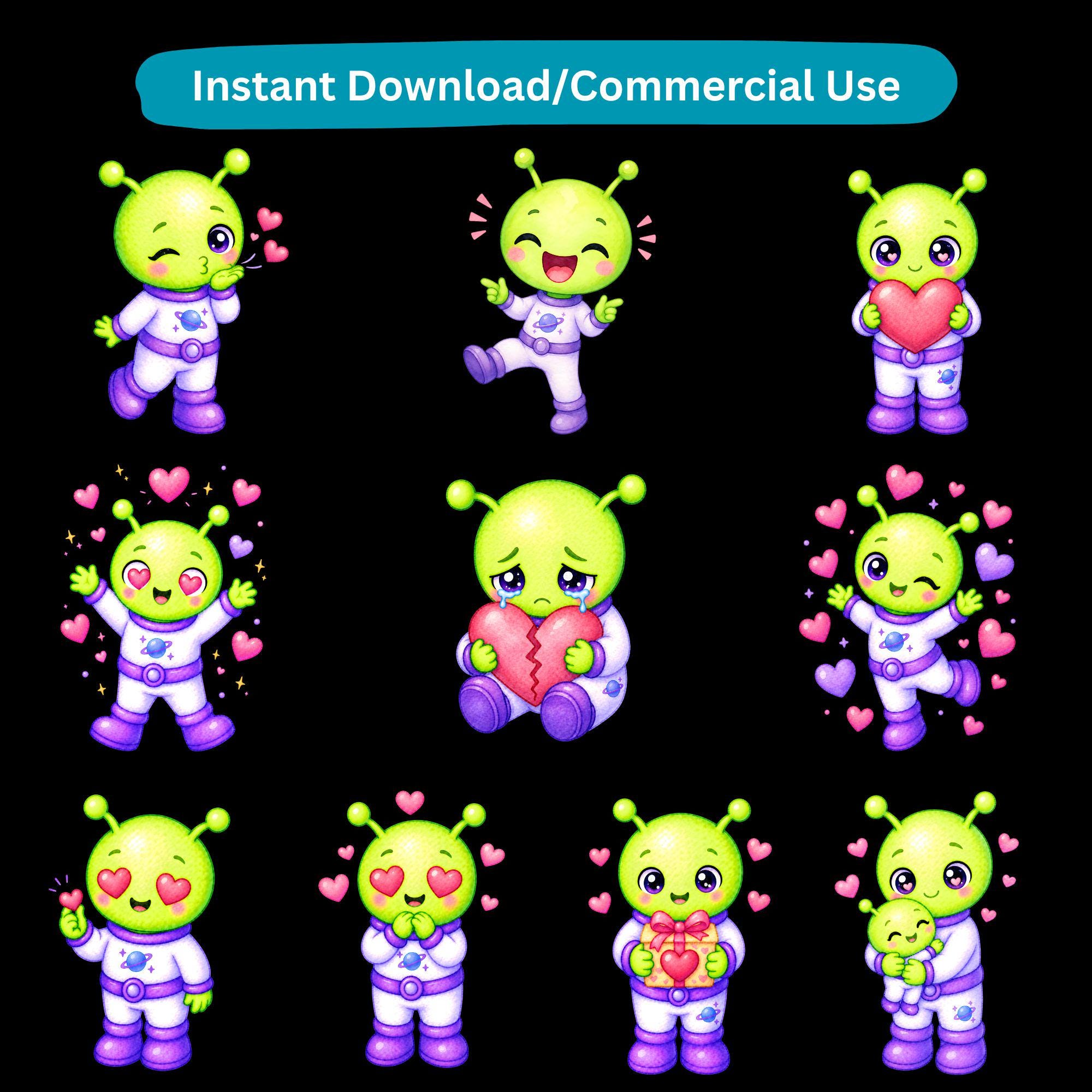 Cute Alien Emoji PNG Clipart, Kawaii Reaction Stickers Bundle, Funny ...