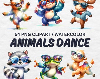 Imágenes prediseñadas de animales bailando en acuarela: conjunto PNG para fiestas (descarga instantánea)