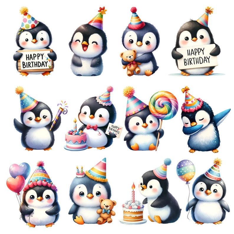 Watercolor Penguin Birthday Clipart, Cute Penguin Party PNG Bundle, Happy Birthday Penguin ...