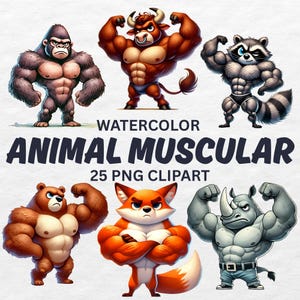 Watercolor Muscular Animal Clipart PNG, Strong Animals with Muscles, Bodybuilder Animals, Workout Animal Character, Digital Download