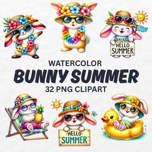 Bunny Summer Clipart Bundle, Cute Beach Rabbit PNG, Kawaii Vacation Animal Graphics, Sublimation Clip Art, Kids Summer Planner Stickers